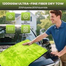 2 Pack Car Drying Towels – 1200GSM Ultra Absorbent Microfiber, 35"x24" & 16"x16", Lint-Free & Streak with Car Wash Mitt & Dual-Head Duster Brush for Auto Detailing, Car, SUV, Truck (Gray-Green)​
