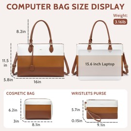 Keyli 3pcs Sets Laptop Bag for Women,15.6 Work Tote Bags Waterproof Leather Business Computer Briefcase with Clutch Purses Casual Shoulder Handbag Messenger Bag for Travel Office Brown