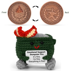 Emotional Support Dumpster Fire with Positive Card - Coworker Appreciation Challenge Coin,Dumpster fire,Handmade Crochet Ornament, Perfect Desk Accessories for Farewell & Office Pranks