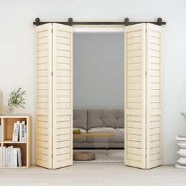 CCJH 96" Bi-Folding Sliding Barn Door Hardware Kit for 4 Doors,Slide Smoothly Quietly,Black Track Top Mount Roller,No Door