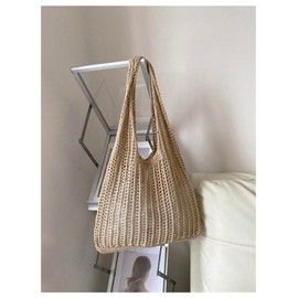 Floerns Women's Crochet Hollow Out Beach Tote Bag Daily Casual Knitted Shoulder Handbags, Light Brown, One Size