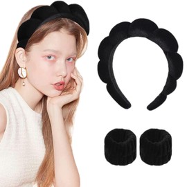 Spa Headbands for Women,Headband for Washing Face, Makeup, Skincare, Shower, Hair Accessories -Sponge & Terry Cloth Headband (Black) (black, 3pcs)