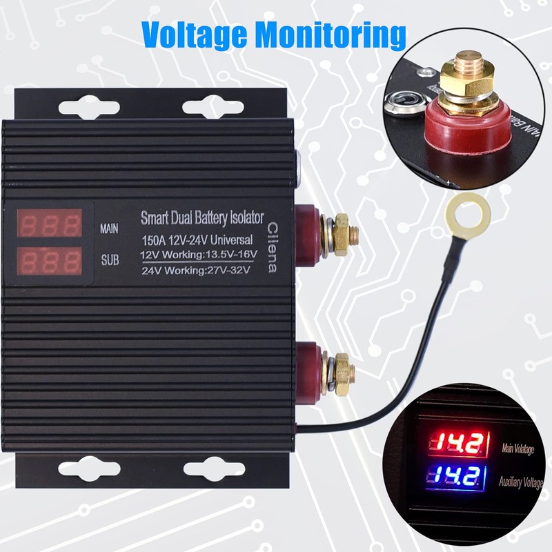 Cllena Dual Battery Smart Isolator, 12V/24V Universal 150 Amp Voltage