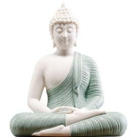 Qinlang 6 inch Small Green Buddha Statue for Home Decor, Ceramic Meditation Buddha Decor for Home