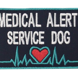 Parche bordado para chaleco de alerta médica con diseño de perro de servicio y arneses, color azul