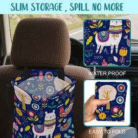 KXWQTRDD Car Garbage Bag Colorful Llama Flowers and Birds Hanging Canvas Car Trash Bag Waterproof Drawstring Car Back Seat Organizer for Car Back Front Seat Console with Adjustable Buckle