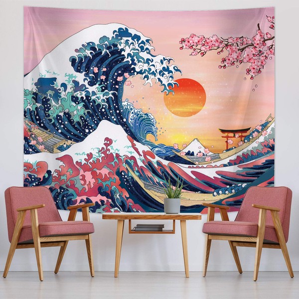 The Great Wave Tapestry Japanese Ocean Wave Wall Tapestry Cherry Blossom Tree Backdrop Sunset Tapestry Mountain Hanging Kanagawa Tapestry for Japanese Living Room Bedroom Decorations (59 x 51 Inch)