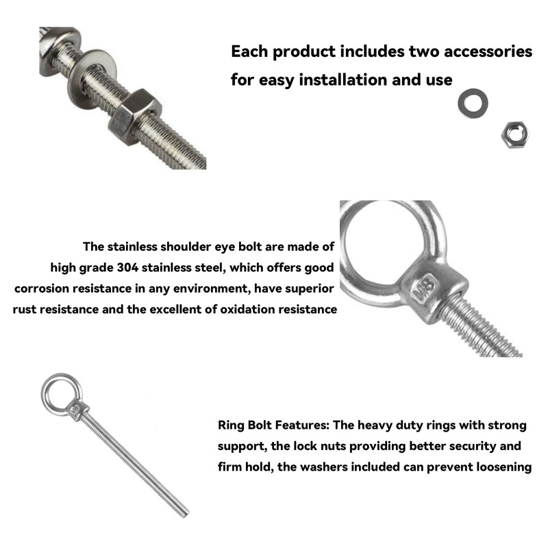2Pcs Rustproof Lifting Shoulder Eye Bolt Metal Heavy Duty EyeBolts