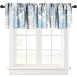 Llylumty Coastal Kitchen Valance,Summer Starfish Coral Blue Beach Kitchen Rod Pocket Window Curtain Valance Home Decor Treatment 54x18 inch