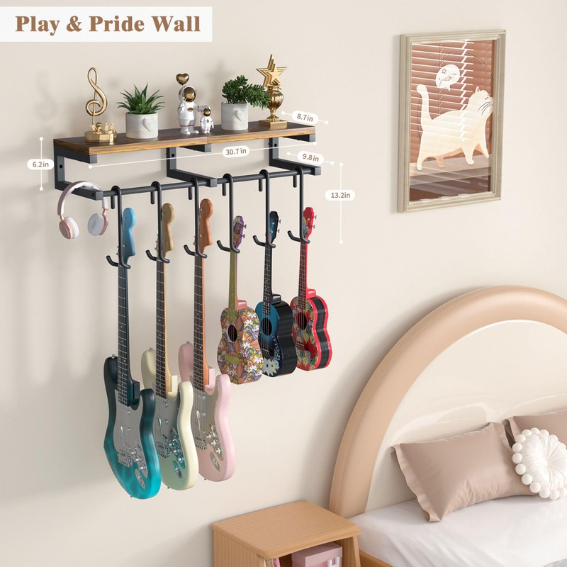 Keebofly Multiple Guitar Wall Mount Hangers with 6-Detachable Hooks &