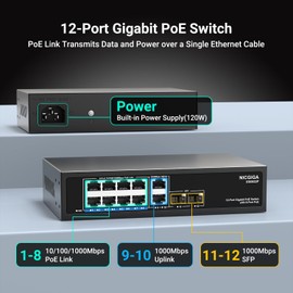 12 Port Gigabit PoE Switch Unmanaged with 8 Port IEEE802.3af/at PoE+@120W, 2 x 1000Mbps Uplink + 2 x 1G SFP, NICGIGA 8 Port Network Power Over Ethernet Switch, Desktop/Wall-Mount.