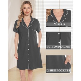 Vlazom Women Soft Nighties V-Neck Button Down Nightdress Classic Boyfriend Style Sleepshirt Relaxed Nightshirt Sleepwear Dark Grey,XL