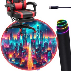 DEALZOOM Gaming Chair Mat RGB Gaming Lights (Future City 47”) - Noise Cancelling, Anti-Slip Gamer Floor Mat – Scratch Resistant Computer Gaming Mat for Chair – Office Chair Mat for Hardwood Floor