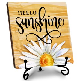 ‘Hello Sunshine’ Daisy Decorative 5.1x5.1 Wooden Plaque with Srand, Daisy Decor for Home, Floral Decorations, Rustic Decor for Desk, Table, Counter, Shelves, etc.(063)