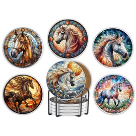 Onebttl Horse Gifts for Horse Lovers - Horse Theme Coaster Set of 6, Bar Coasters, Stained Glass Style
