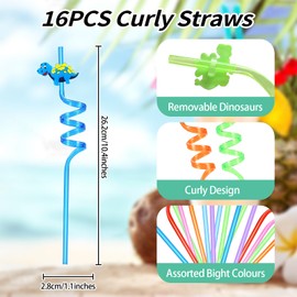 Pack of 16 Colourful Curly Straws, Reusable Twisted Straws, BPA-Free Crazy Straws, Plastic Birthday Party Straws, Dinosaur Party Straws, Funny Drinking Straws for Children