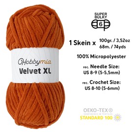 HobbyMia Velvet XL Chenille - 100g / 74yds - Super Bulky Fluffy Yarn for Crochet - Plush Soft for Baby Blankets (6 Skeins - Orangy Red)