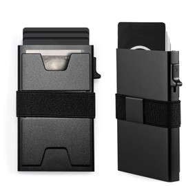 Men’s Slim RFID Wallet – Pop-Up Card Holder, Metal & Leather, Contactless Card Protector, Minimalist Credit Card Wallet, Compact Secure RFID Blocking Wallet for Everyday Use Travel (Black, 1pc)