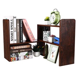 PAG Desktop Shelf Adjustable Wood Small Bookshelf Office Supplies Desk Organizer and Accessories Display Rack, Brown