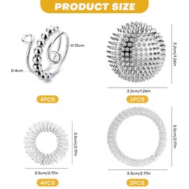 Set of 12 Skills Set 2 Hedgehog Balls Massage Balls Metal 4 Anti-Stress Rings 4 Acupressure Ring 2 Massage Bracelets Adjustable Skills Rings Hedgehog Balls for Stress Relief or Massage (Gold, Silver)