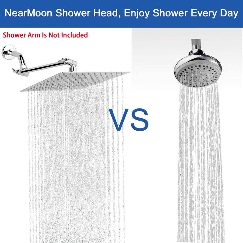 NearMoon Rain Shower Head, High Flow Stainless Steel Square Rainfall