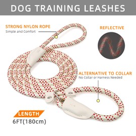 POUPUA 1/2" x 6 FT Durable Slip Leads for Dogs, Heavy Duty Strong Rope Slip Leash for Large, Medium Dogs No Pull Training Leashes with Reflective Threads (White with Red Dots)