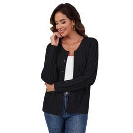 LILBETTER Womens Cable Knit Long Sleeve Crewneck Button Down Open Front Cardigan Sweater for Fall and Winter 2025(Black XX-Large)