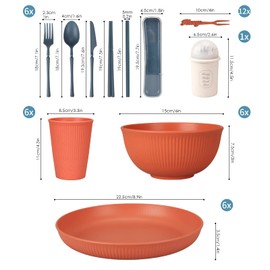 66 Pcs Dinnerware Sets, Unbreakable Plates and Bowls Sets, Reusable Dinnerware Sets for 6 People, Travel Camping Picnic Home Party Cutlery Set, Dishwasher Microwave Safe Dishes