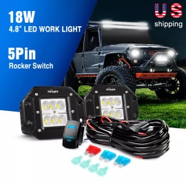 Nilight 2PCS 5inch 18W LED Flood Work Light Bar Offroad Fog Lights + Wiring Kit