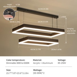 Modern Pendant Light Fixture, LED Black Chandelier for Kitchen Island, 2 Layer Rectangle Adjustable Height, Dimmable 3000K-6500K Ceiling Hanging Light for Dining Room Table, Bedroom, Living Room