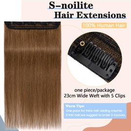 S-noilite Clip-In Real Hair Extensions, Light Brown, Real Human Hair, 1 Piece, 5 Clips, 40 cm (45 g)