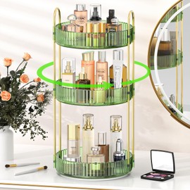 Mokani 360 Rotating Makeup Organizer for Vanity, 3 Tier Adjustable Perfume Organizer for Dresser, Multi-Function Spinning Cosmetics Skincare Organizer for Bedroom, Dresser, Countertop, Green