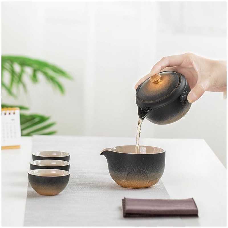 Zen Lotus Design Travel Teapot, Portable Ceramic Tea Set, 1