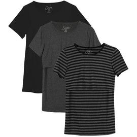 Sosolism Maternity Nursing Tops Double Layer Comfy Rayon Breastfeeding Clothes A-Black/Dark Grey/Striped,XXL