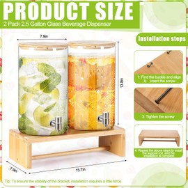 Honeydak 2 Pack 2.5 Gallon Glass Drink Dispensers for Parties, Beverage Dispenser with Stand Stainless Steel Spigot Bamboo Lid Leakproof Water Dispenser for Lemonade, Juice and Party Drinks