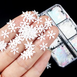 6 Grids 3D Snowflake Nail Glitter Sequins Holographic Laser White Snowflakes Nail Art Stickers Decals Christmas Nail Glitter Foil Flakes Xmas Snowflake Glitter for Nails Decoration Accessories Charms
