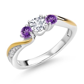 925 Sterling Silver and 10K Yellow Gold White Lab Grown Diamond and Purple Amethyst 3 Stone Engagement Ring For Women (0.50 Cttw, Gemstone April Birthstone, Available In Size 5, 6, 7, 8, 9)