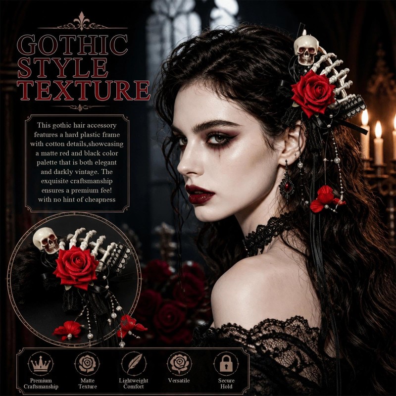 DIYCUT Set of 3 Gothic Hair Accessories - Red Rose