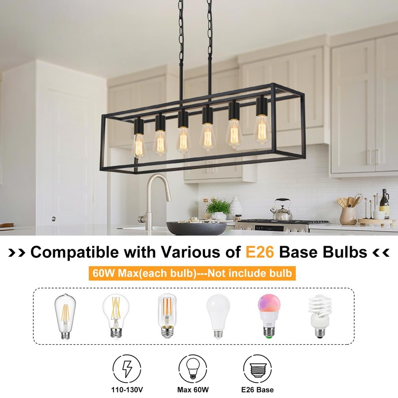 Boncoo 6 Light Black Chandeliers for Dining Room, Adjustable Height