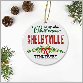 Merry Christmas Shelbyville Tennessee Ornament - Plastic Round Decoration Ornament Keepsake Christmas Tree Decor Housewarming Gifts Ideas for Friends, Family Members, Couples and Newlywed