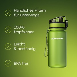 AQUAPHOR City Filter Bottle 350 ml Green I Bottle with Water Filter for On the Go I Filter with Activated Carbon I Filters Chlorine I Made of Tritan & BPA Free I For Better Taste & Odour of Water
