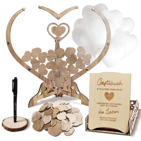 BIROYAL Wedding Guest Book Wood, Alternative Wedding Guest Book, Wooden Hearts Wedding Decoration with Heart Frame & Eiffel Tower Frame, 80 Wooden Heart, 20 Heart Balloons, 2 Marker Pens Storage Box