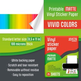 JOYEZA Premium Printable Vinyl Sticker Paper for Inkjet Printer - 25 Sheets Matte White Waterproof, Dries Quickly Vivid Colors, Holds Ink well- Tear Resistant - Inkjet & Laser Printer