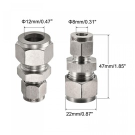sourcing map Compression Tube Fitting 304 Stainless Steel 8mm x 12mm Tube OD Double Ferrule Straight Coupling Adapter