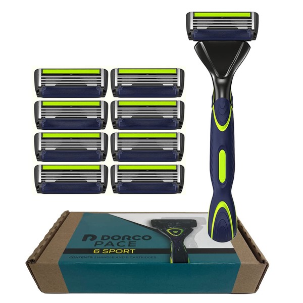 DORCO Pace 6 Sport System - Six Blade Razor System with Trimmer and Pivoting Head - 9 Pack (1 Handle + 9 Cartridges)
