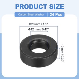 sourcing map 24pcs 1/2" Black Flat Washer for M12 Screw, Steel Metal Washers 12mm ID 28mm OD 10mm Length for Industrial, Screws Bolts