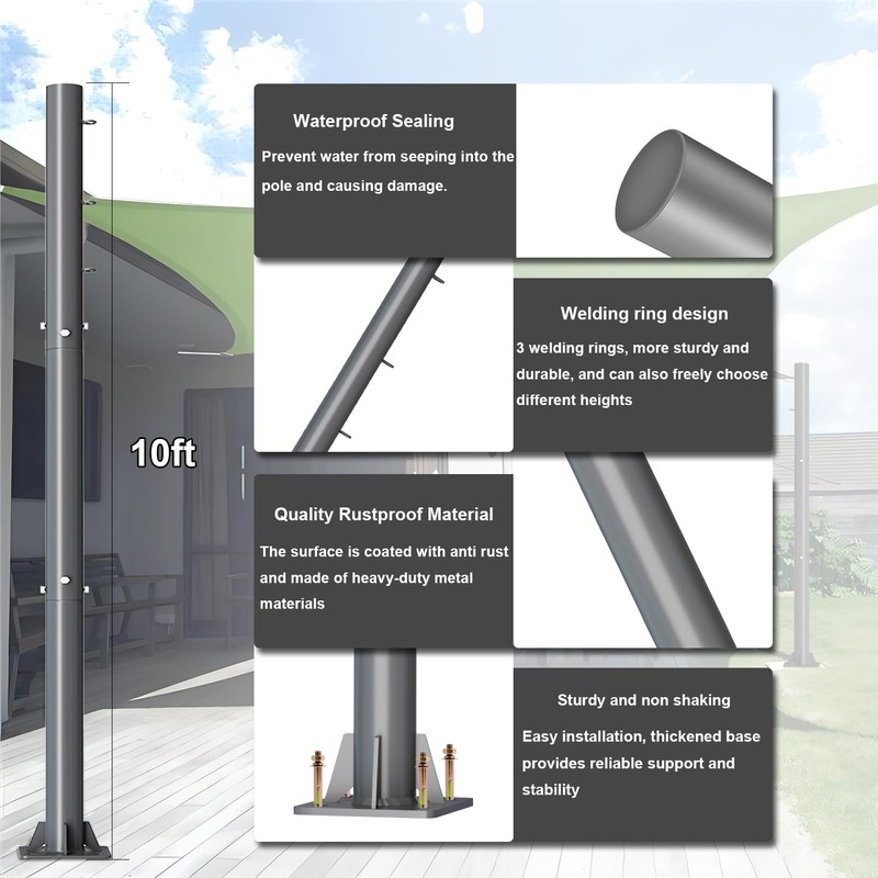 2pcs Sun Shade Poles Outdoor - 10ft 2.36" Diameter Heavy