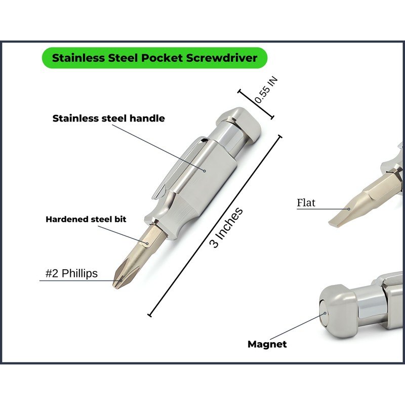 Pocket Screwdriver with Magnet & Clip (Stainless Steel) Double Ended