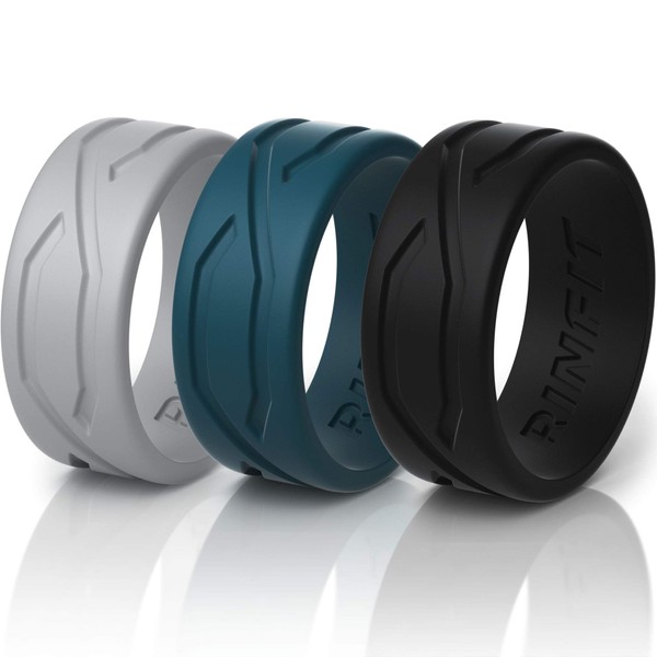 Rinfit Silicone Wedding Ring for Men.3 Rings Pack. Designed, Safe & Soft Rubber Men's Wedding Band. (Ocean, Light-Gray, Black, Size 8)