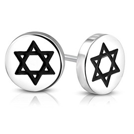 Stainless Steel Silver-Tone Black White Jewish Star of David Stud Earrings, 0.30"